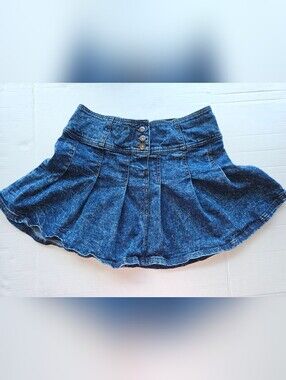 Pleated Denim Skirt Button High Waist Acid Wash - Junior Sz L 11-13